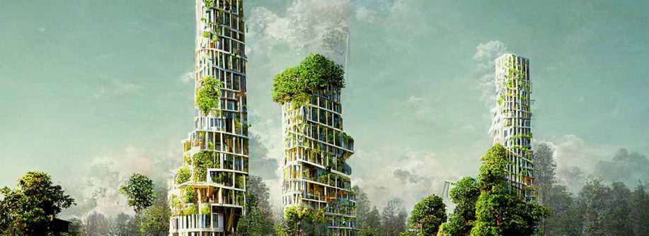 Hochhäuser mit vertikalen Gärten und bewachsenen Balkonen - Immobilienkauf und ESG