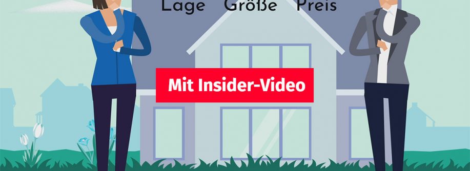 Illustration: Zwei Frauen stehen vor einem Haus und überlegen, wie sie es am besten für den Immobilienverkauf präsentieren, darüber steht "Lage, Größe, Preis", in der Mitte befindet sich ein Button auf dem steht "Mit Insider-Video" | Home Staging