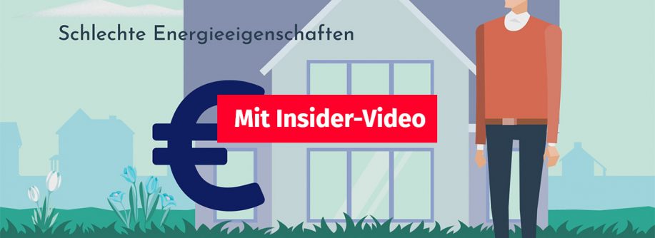 Animation: Ein Mann steht vor einem Haus und überlegt, wie er den Wert seiner Immobilie erhalten kann, neben ihm steht ein große Euro-Zeichen, und im Vordergrund steht ein Button mit "Mit Insider-Video" | Werterhalt durch Energieeffizienz