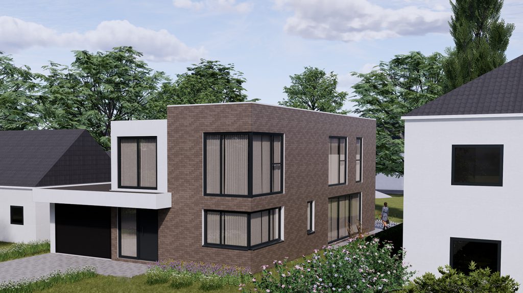 Visualisierung m. Garage Strassenseite Ausschnitt 1920x1080 Das gradlinige Einfamilienhaus bietet ein ausgefeiltes Raumprogramm