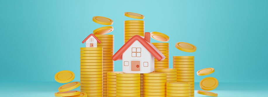 3D-Rendering: auf einem Stapel Münzen steht ein Modell von einem Haus | Checkliste Immobilienfinanzierung