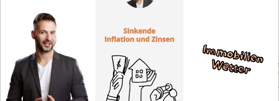 Links steht ein Mann und erklärt die Entwicklung an den Immobilienmärkten. In der Mitte ist sind Hände zu sehen, die stellvertretend für Inflation und Zinsen, Geldscheine, ein Haus und einen Schlüssel in der Hand halten