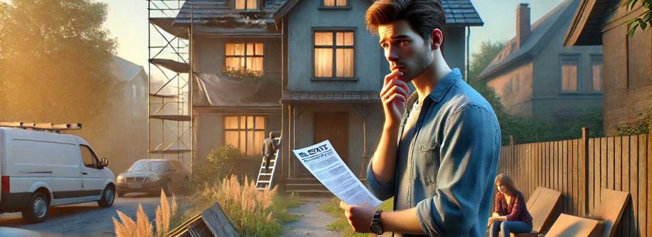 ein Mann ratlos vor einem Haus, der einen Vertrag oder Exposé für Immobilie in der Hand hält