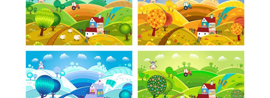 Illustration einer Landschaft mit Bauernhaus in den vier Jahreszeiten Frühling, Sommer, Herbst und Winter | Immobilienverkauf