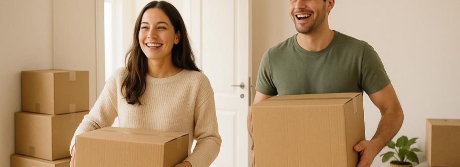 Ein glückliches Paar zieht in die Traumimmobilie ein, die es ohne Eigenkapital gekauft hat | Immobilienkauf