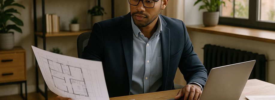 Ein Selbständiger sitzt in seinem Homeoffice am Schreibtisch und checkt Finanzierungs- und Immobilienunterlagen auf Papier und am Laptop | Immobilienfinanzierung