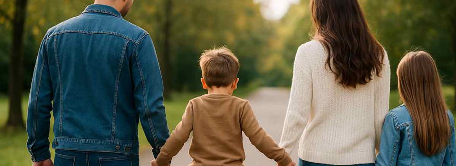 Eine glückliche Familie geht spazieren, als Symbolbild dafür, dass sie den Sprung vom Wohnen zur Miete zum Eigenheim geschafft hat | Kaufen statt Mieten