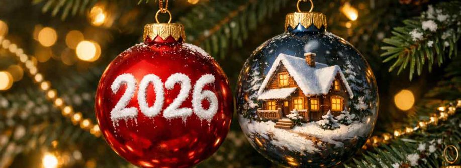 Zwei Christbaumkugeln am Tannenbaum: eine rote Kugel mit der Aufschrift „2026“ und eine Kugel mit verschneitem Hausmotiv – Symbolbild für Immobilienkauf, Finanzierung und Eigenheim-Träume 2026. | Immobilienkauf