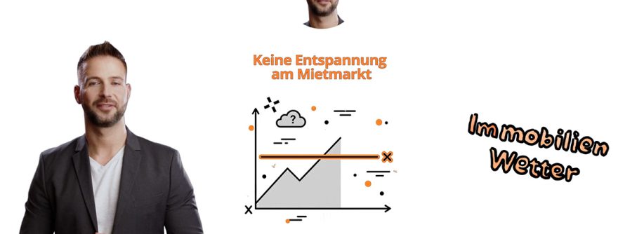 Standbild aus dem Video: Grafische Darstellung mit stilisierter Stadtsilhouette und Wohnhäusern unter einem wechselhaften Himmel, darüber eingeblendeter Titel „Immobilien-Wetter“. Immobilienmarkt