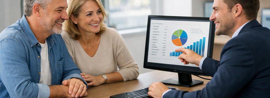 Finanzierungsberater erklärt einem Paar am Schreibtisch anhand von Diagrammen auf dem Bildschirm die finanziellen Möglichkeiten beim Hausverkauf trotz laufender Immobilienfinanzierung. | Immobilienverkauf