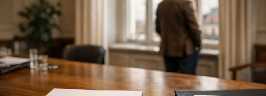Realistische, hochwertige Fotografieszene in einem modernen Besprechungsraum kurz vor einem Notartermin. Im Vordergrund liegt ein Immobilien-Kaufvertrag ordentlich auf einem Holztisch, daneben ein Füller, ein Hausschlüssel und eine Mappe mit Grundrissplänen. Im Hintergrund steht ein eleganter Verkäufer in Business-Casual-Kleidung seitlich am großen Fenster, mit dem Rücken leicht zur Kamera, und blickt nachdenklich hinaus in die Stadt. Natürliches Tageslicht, ruhige, aber leicht angespannte Stimmung, professionelle Bildästhetik, warme Farbtöne, geringe Tiefenschärfe, Fokus auf den Tisch im Vordergrund. - Symbolbild für geplatzten Immobilienverkauf | Immobilienverkauf