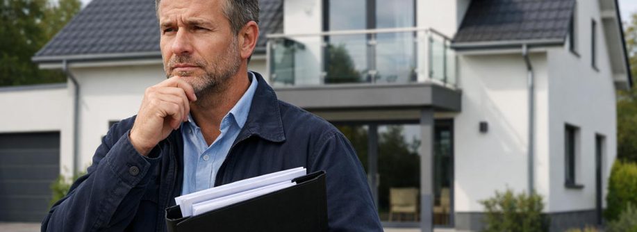 Ein Immobilienerbe steht vor der Immobilie, die er geerbt hat, unter dem linken Arm hält er die Hypothekenunterlagen, er überlegt, was jetzt die beste Lösung für sein Immobilienerbe ist | Erbimmobilie