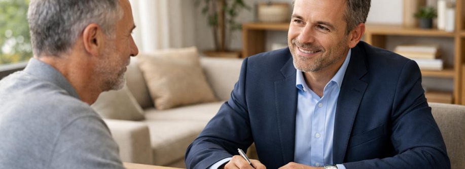 Fotorealistische Beratungsszene in einem modernen, hellen Büro oder Wohnraum. Ein professioneller Immobilienmakler sitzt einem privaten Immobilieneigentümer gegenüber. Beide wirken ruhig, vertrauensvoll und im Gespräch vertieft. Auf dem Tisch liegen ein hochwertiges Immobilien-Exposé, ein Tablet mit Grundrissdarstellung und Notizen. Natürliches Tageslicht, warme Farben, aufgeräumte Umgebung. Realistischer Stil, hohe Bildqualität, dezente Tiefenschärfe. | Makleralleinauftrag