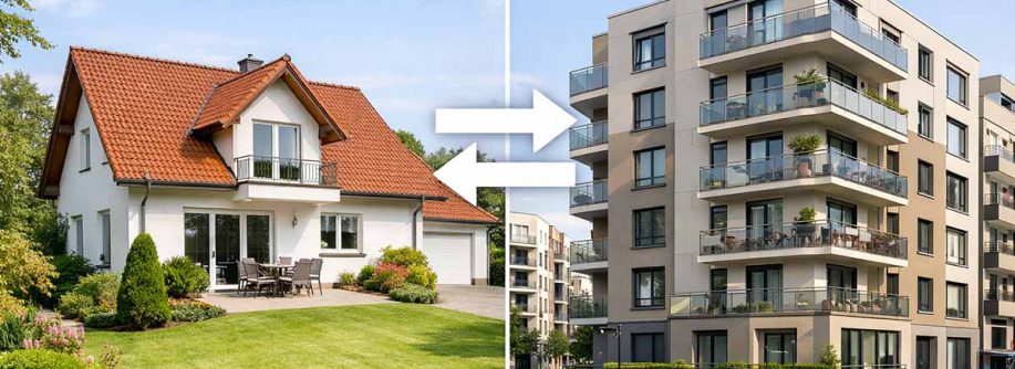 Zwei unterschiedliche Wohnhäuser stehen sich gegenüber: links ein gepflegtes 90er Jahre Einfamilienhaus im Grünen, rechts ein Mehrfamilienhaus in urbaner Umgebung in Deutschland. Zwischen den Häusern dezente, elegante Pfeile, die einen Tausch symbolisieren. Klare, helle Farbgebung, seriöser und hochwertiger Look, realistische Fotografie, weiches Tageslicht, aufgeräumte Komposition, professionelle Immobilien-Ästhetik | Immobilientausch