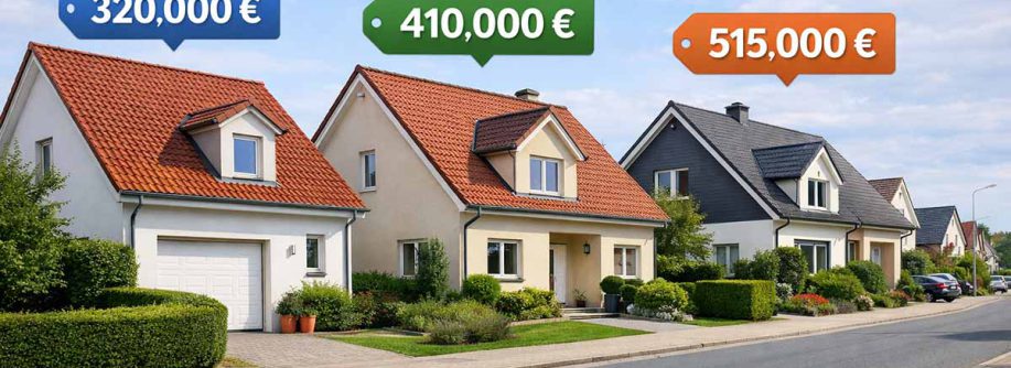 Eine europäische Vorstadtstraße mit mehreren ähnlichen Einfamilienhäusern in einer Reihe, über jedem Haus schwebt ein unterschiedliches Preisschild (320000 €, 410000 €, 515000 €), saubere moderne Nachbarschaft. Vergleichswertverfahren