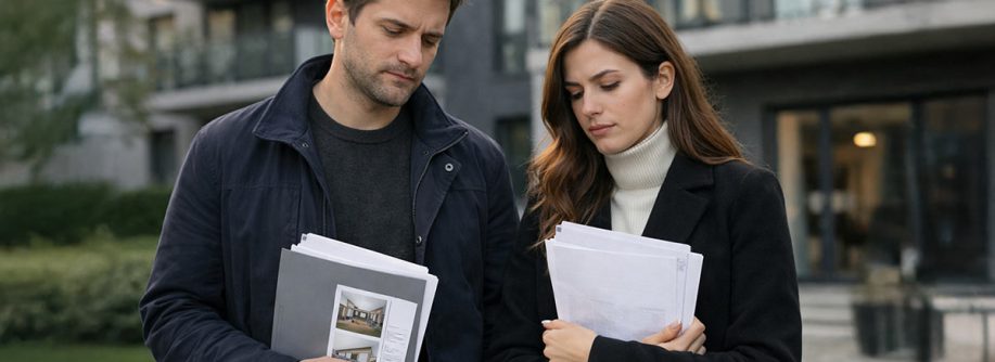 Ein Paar steht nach einer Wohnungsbesichtigung vor einem modernen Mehrfamilienhaus. In der Hand halten sie Unterlagen, ihre Mimik wirkt nachdenklich und leicht enttäuscht – als hätten sie gerade eine Chance verpasst. Finanzierungsbestätigung
