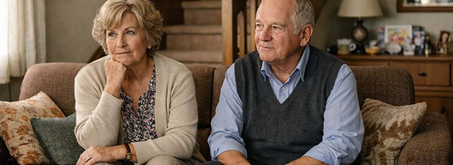 Ein älteres Ehepaar um die 65–75 Jahre sitzt nebeneinander in ihrem Wohnzimmer eines klassischen Einfamilienhauses aus den 1970er oder 1980er Jahren. Beide wirken ruhig, nachdenklich und leicht unsicher. Ihre Körperhaltung zeigt inneres Abwägen. Der Raum strahlt Geschichte und gelebtes Leben aus: Familienfotos an der Wand, alte Bilderrahmen, ein Regal mit Fotoalben. Im Hintergrund sichtbar: eine Holztreppe, die ins Obergeschoss führt. Die Treppe wirkt steil. Sie symbolisiert die kommende Herausforderung. Barrierefreier Umbau