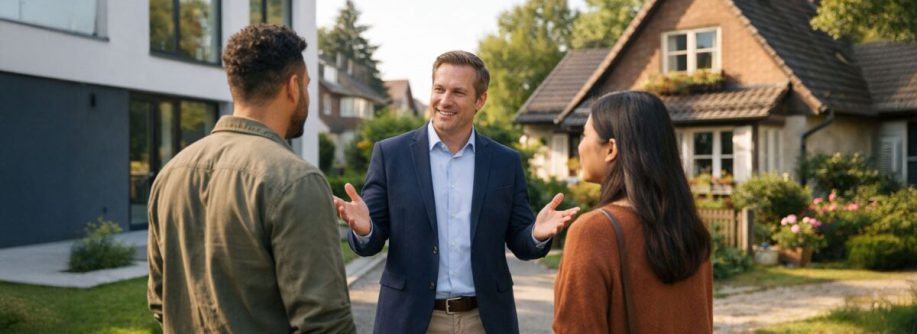 Junges diverses Paar steht mit einem Immobilienmakler zwischen zwei Häusern und entscheidet sich. Links ein modernes Neubauhaus mit großen Fenstern, rechts ein charmantes älteres Einfamilienhaus mit Garten. Neubau oder Bestand