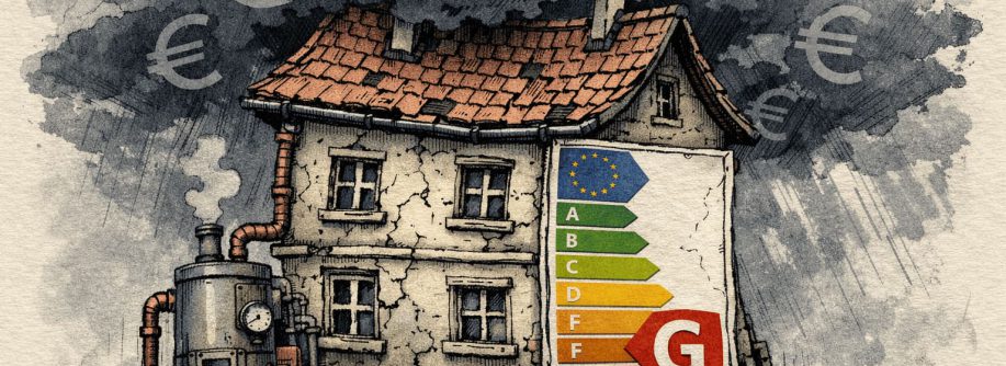 Illustration eines alten europäischen Hauses unter Druck: Rissige Fassade, alte Fenster und leicht verzerrte Form vermitteln Belastung. Dunkle Sturmwolken verstärken die dramatische Stimmung. Ein rotes Energieeffizienz-Label (Klasse G) sowie sichtbare alte Heizungsrohre und dezente Euro-Symbole im Hintergrund stehen für steigende Kosten und Sanierungsbedarf. Sanierungspflicht für alte Gebäude