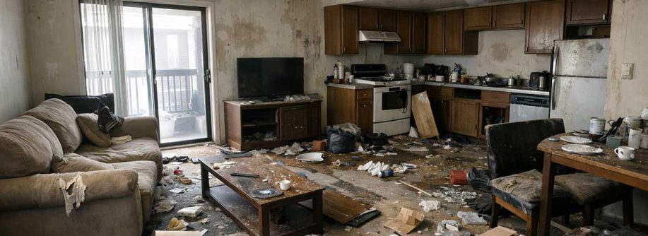 Verwahrloste Mietwohnung mit verstreutem Müll, beschädigten Möbeln und verschmutzter Küche als Sinnbild für Risiken wie Mietnomaden und andere. | Immobilienvermietung