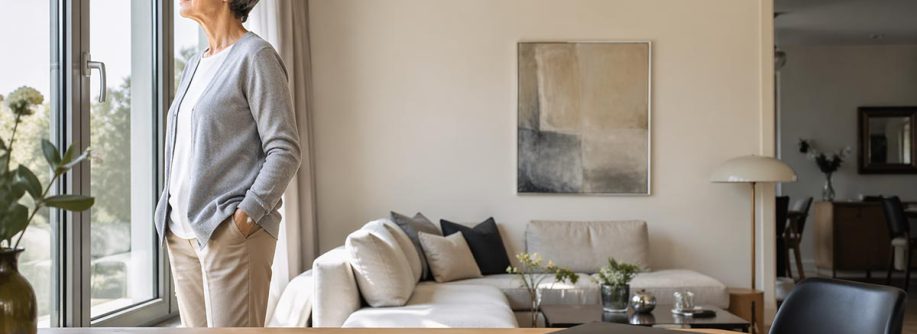 Ältere Frau steht an einem großen Fenster in einem hellen Wohnzimmer; auf dem Tisch im Vordergrund liegen Immobilienunterlagen, ein Schlüsselbund und ein Ordner - als Symbolbild für einen Immobilienverkauf mit eingetragenem Wohnrecht | Immobilienverkauf