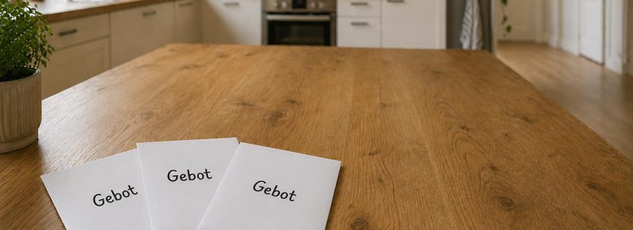 Drei Umschläge mit der Aufschrift ‚Gebot‘ auf einem Holztisch in moderner Küche, symbolisieren das Bieterverfahren beim Immobilienkauf. | Bieterverfahren