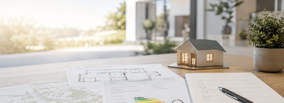 Dokumente, Grundrisse, Energieausweis, Schlüssel und Hausmodell auf einem Tisch als Symbol für wichtige Unterlagen beim Immobilienverkauf. - Verkaufsunterlagen