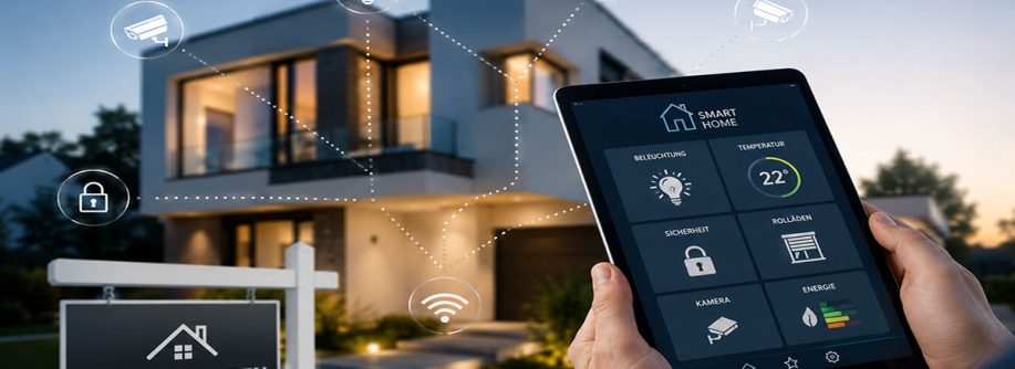 Eine Person steuert Smart-Home-Funktionen per Tablet vor einem modernen Haus mit Verkaufsschild und vernetzten Symbolen für Sicherheit, Energie und Beleuchtung. I Smart Home