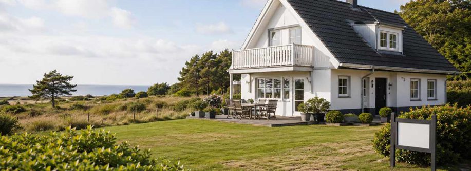 Ein weißes Ferienhaus mit Terrasse und großem Garten liegt in Küstennähe und steht sinnbildlich für den Verkauf einer nicht mehr passenden Ferienimmobilie. I Ferienimmobilie verkaufen