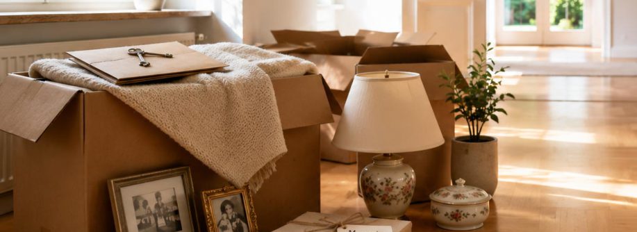 Geerbtes Haus mit Umzugskartons, alten Familienfotos und persönlichen Erinnerungsstücken als Symbol für Haushaltsauflösung und Immobilienverkauf nach einer Erbschaft. I Haushaltsauflösung nach Erbschaft