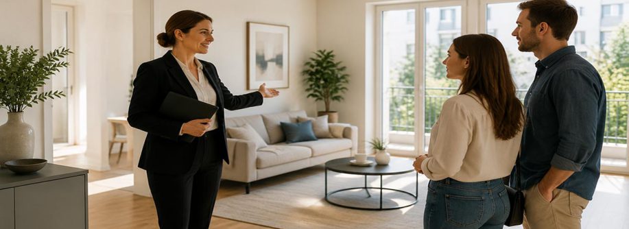 Besichtigungsmanagement bei einer Immobilie: Eine Immobilienmaklerin führt ein Paar durch eine moderne Wohnung und berät die Interessenten während der Besichtigung. I Besichtigungsmanagement