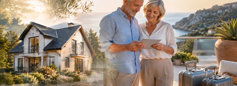 Älteres Ehepaar plant den Lebensabend im Ausland und informiert sich mit Immobilienunterlagen über ein neues Zuhause in sonniger Lage am Meer. I Lebensabend im Ausland