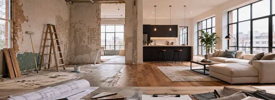 Gegenüberstellung einer renovierungsbedürftigen Wohnung und eines modern eingerichteten Wohnbereichs – vom Sanierungsobjekt zur verkaufsfertigen Immobilie beim Fix-and-Flip. I Fix&Flip