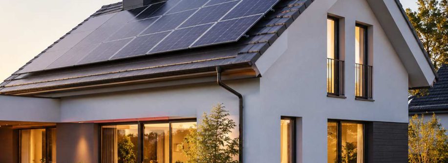 Modernes Einfamilienhaus mit Solaranlage auf dem Dach, als Beispiel für den Umgang mit Photovoltaik beim Hausverkauf. I Solaranlage