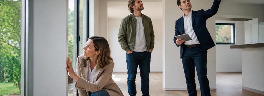 Ein Paar besichtigt gemeinsam mit einem Immobilienmakler ein helles, modernes Haus. Während die Frau die Fenster prüft, betrachtet der Mann den Raum und der Makler erläutert Details zur Immobilie.