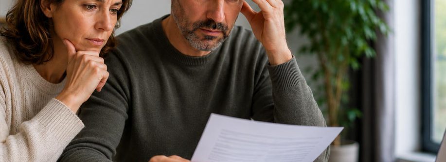 Ein Paar schaut bestürzt auf eine Dokument - symbolisch für die Anschlussfinanzierung
