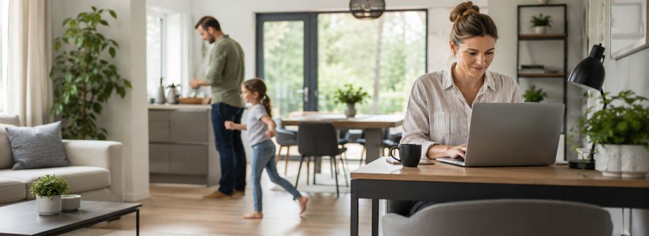 Familie in einem modernen Zuhause, während eine Frau am Laptop im Homeoffice arbeitet – Symbolbild zum Thema Homeoffice-Boom und veränderte Wohnbedürfnisse.