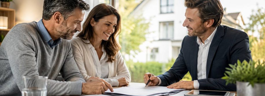 Beratungsgespräch zur Versicherung beim Hauskauf mit einem Paar und einem Immobilienexperte.