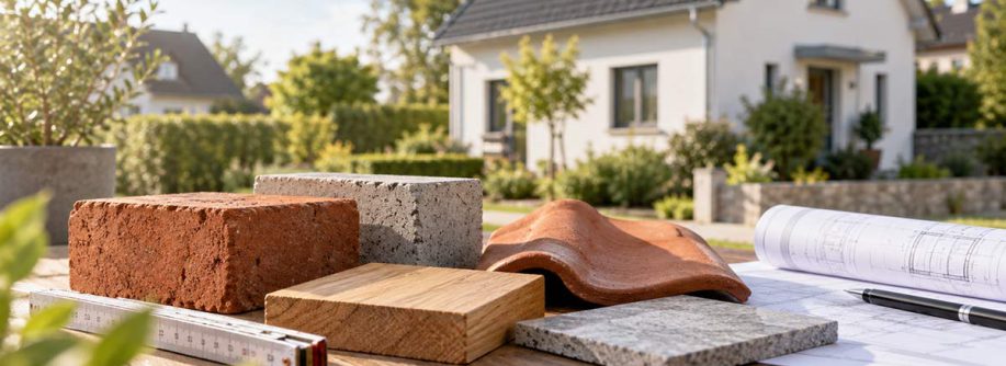 Baumaterialien, Bauplan, Zollstock und Stift liegen auf einem Tisch vor einem Einfamilienhaus und veranschaulichen das Sachwertverfahren zur Immobilienbewertung.