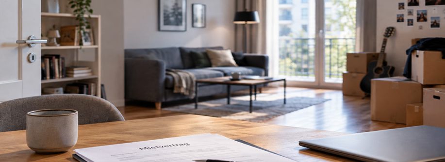 Mietvertrag, Schlüssel und Laptop liegen auf einem Tisch in einer Wohnung; im Hintergrund stehen Umzugskartons als Hinweis auf eine Eigenbedarfskündigung.
