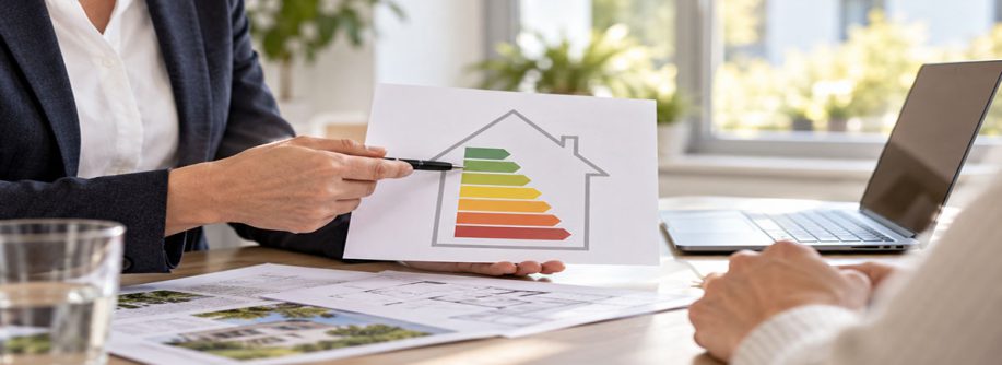 Beraterin zeigt anhand einer Energieeffizienzskala die energetische Bewertung eines Hauses und erläutert den Bedarfsausweis beim Immobilienverkauf.