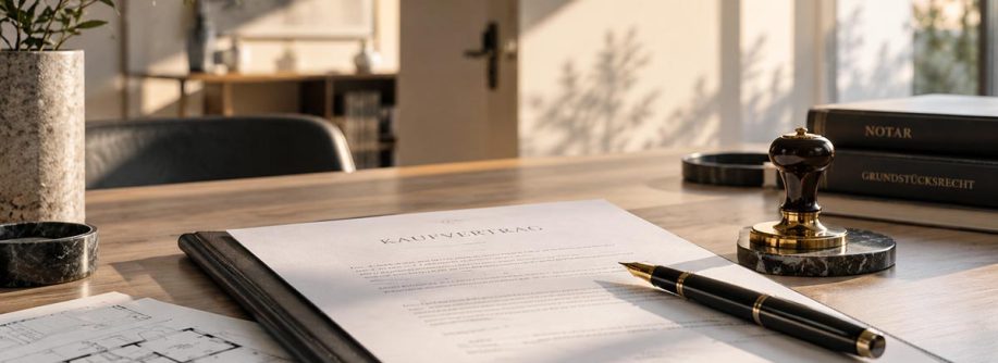 Kaufvertrag für eine Immobilie mit Füllfederhalter und Notarstempel auf einem Schreibtisch – Vorbereitung auf den Notartermin beim Immobilienkauf. | Immobilienkauf